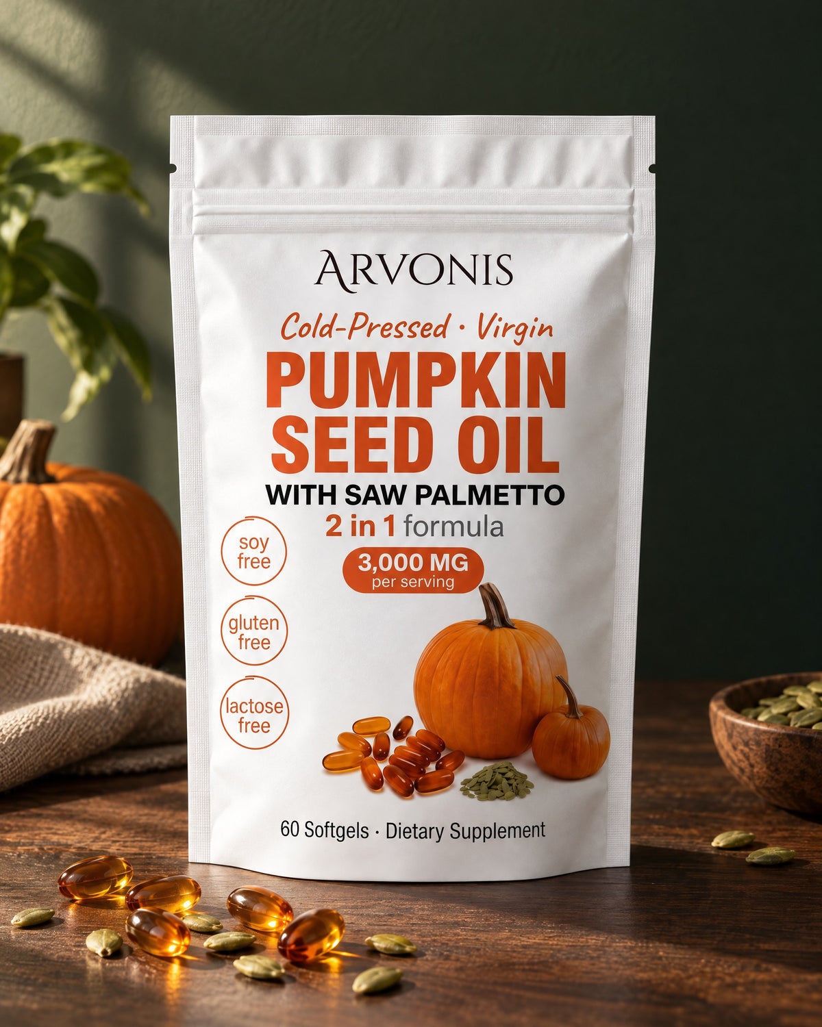 Arvonis Pumpkin Seed Oil bag on a walnut table with softgels and pumpkin seeds