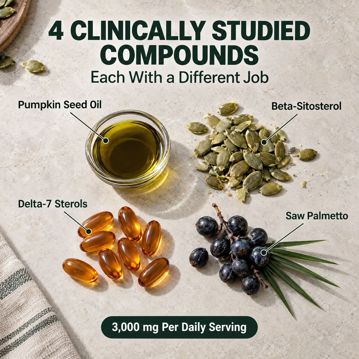 4 CLINICALLY STUDIED COMPOUNDS: Pumpkin Seed Oil, Beta-Sitosterol, Delta-7 Sterols, Saw Palmetto. 3,000 mg Per Daily Serving