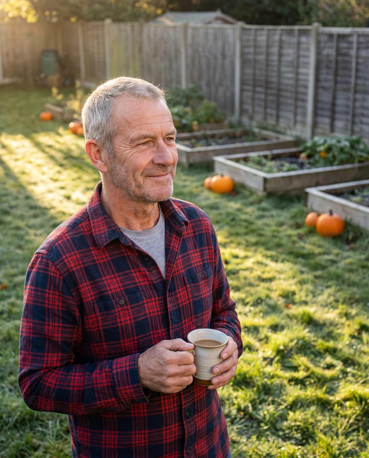 Man in his sixties holding a coffee mug in his autumn garden