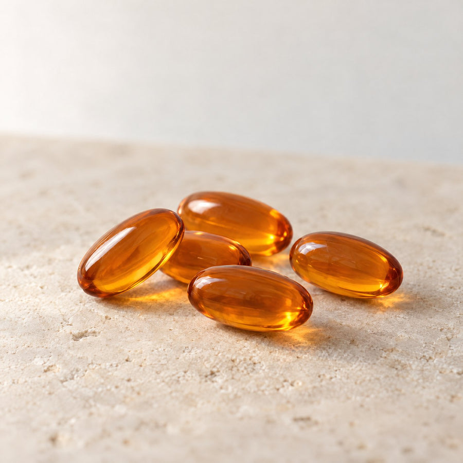 Five softgels on stone