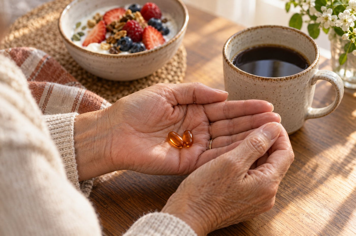 Two softgels in cupped hands at breakfast