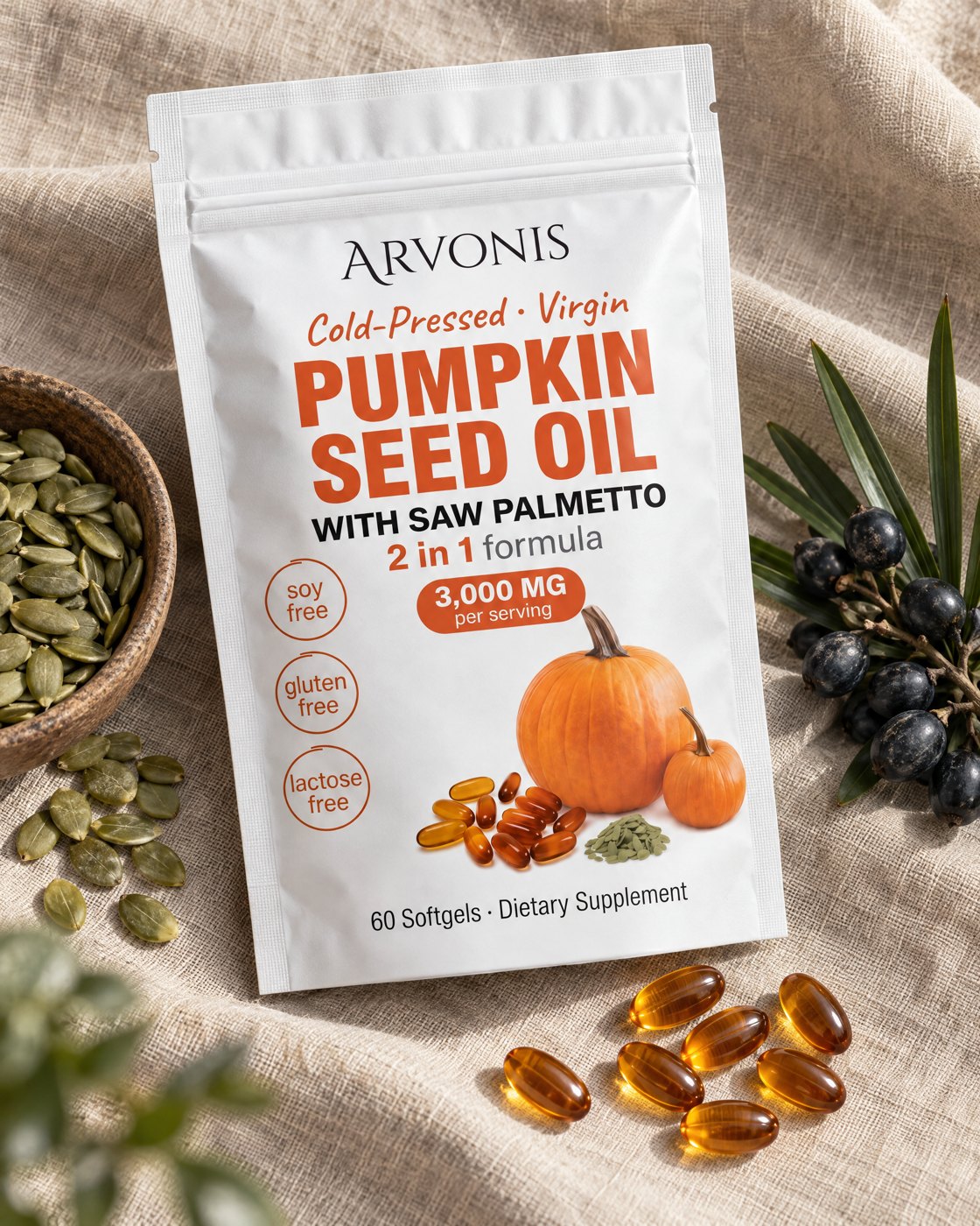 Arvonis Pumpkin Seed Oil bag with seeds, berries and softgels