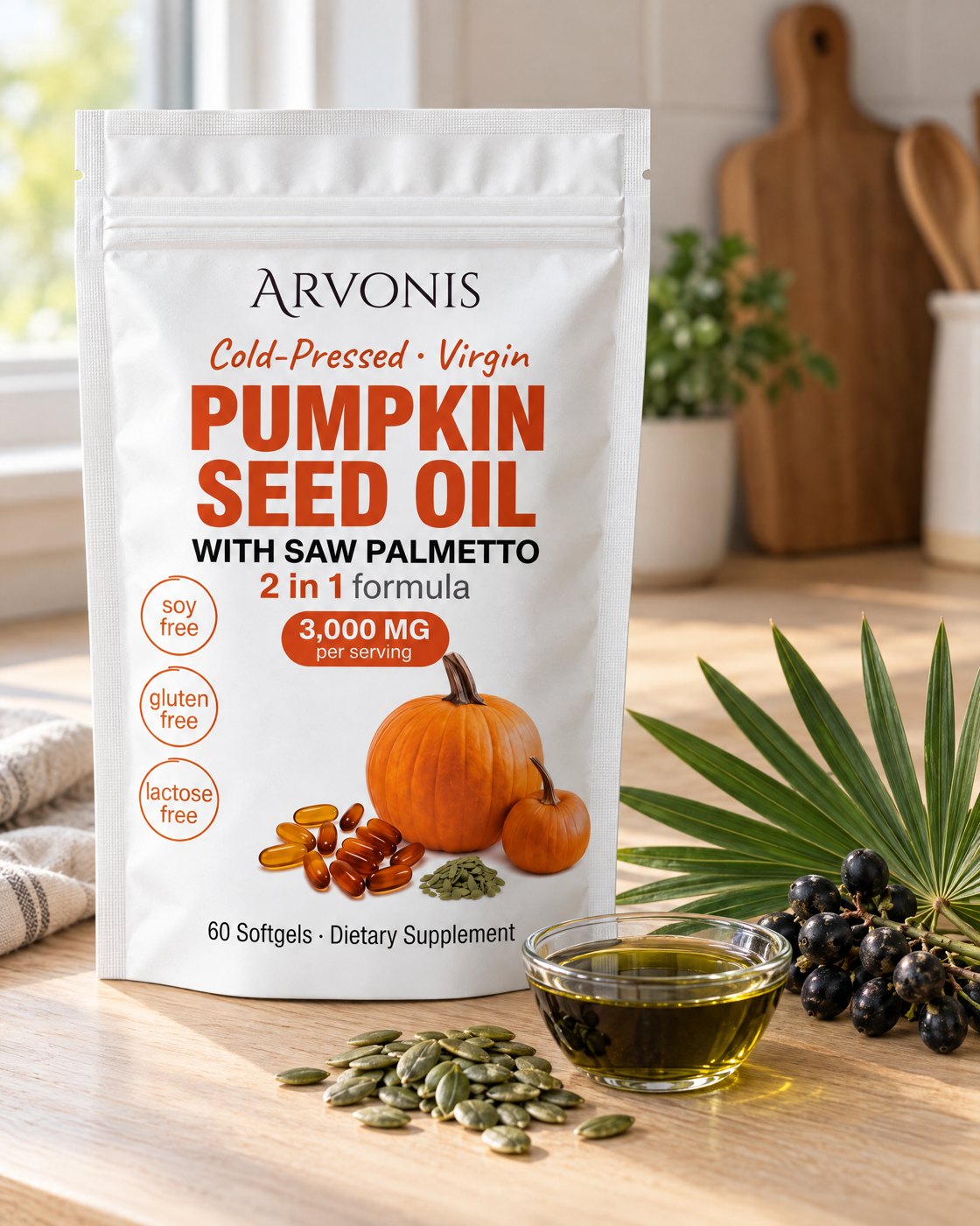 Arvonis Pumpkin Seed Oil bag with pumpkin seed oil, seeds and saw palmetto berries