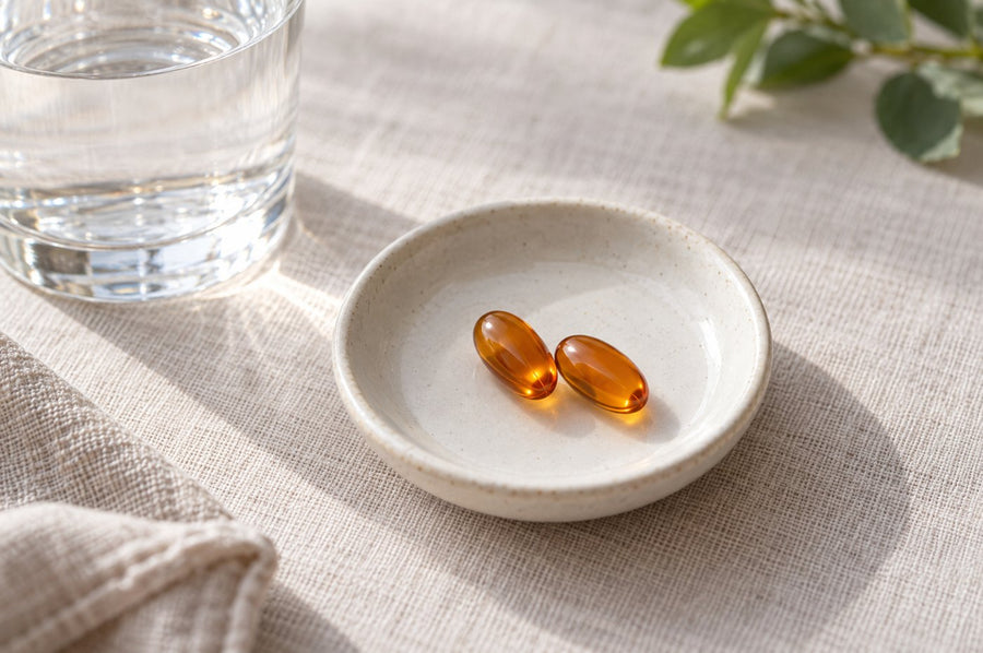 Two softgels in a small ceramic dish