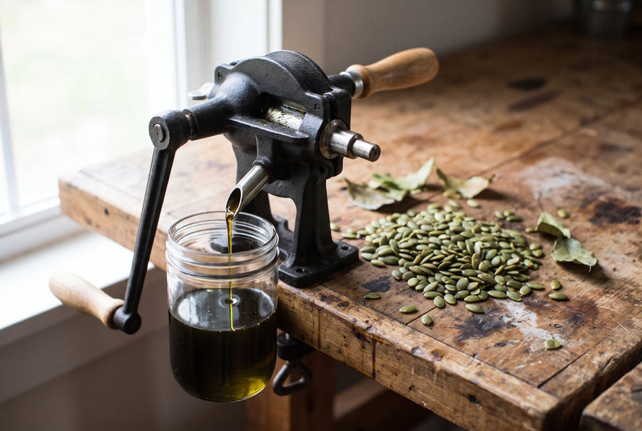 Pumpkin seed oil running from a small press into a jar