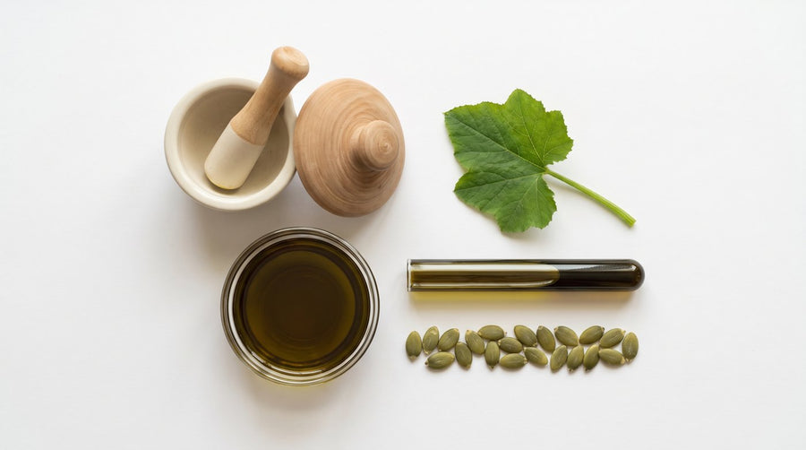 Pumpkin seed oil, seeds and a mortar on a white surface