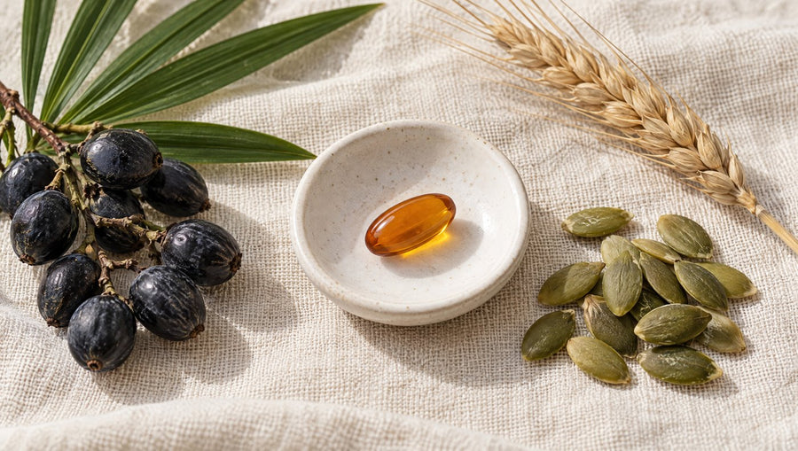 Softgel, saw palmetto berries and pumpkin seeds on linen