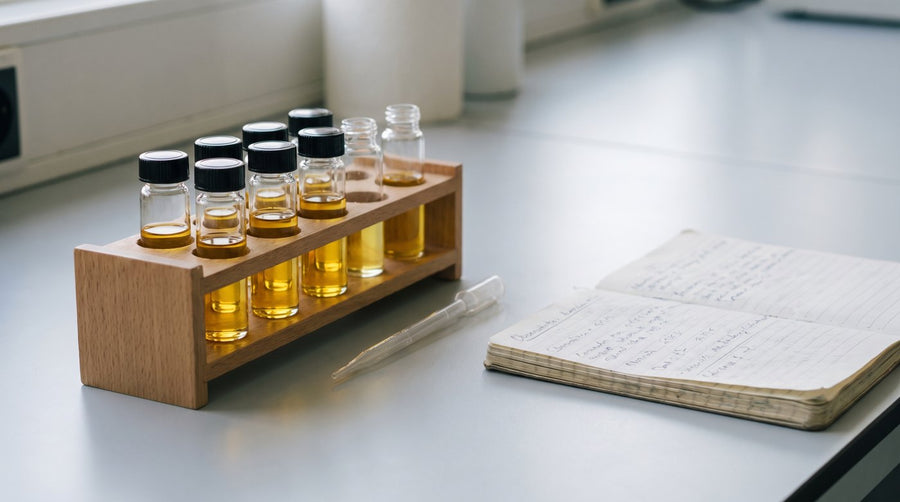 Vials of oil in a laboratory rack