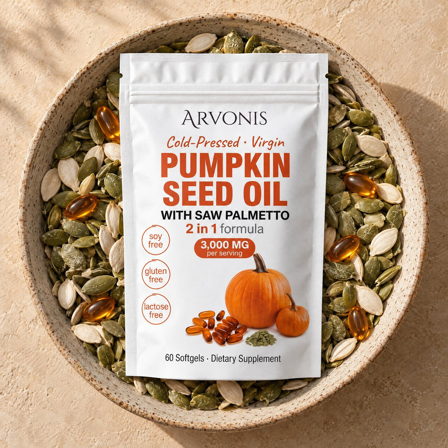 Arvonis Pumpkin Seed Oil bag in a bowl of pumpkin seeds