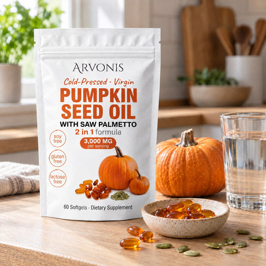 Arvonis Pumpkin Seed Oil with Saw Palmetto, 60 softgels, on a kitchen counter with softgels and pumpkin seeds