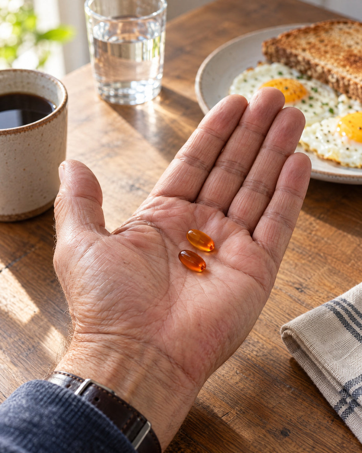 Two amber softgels in an open palm at the breakfast table